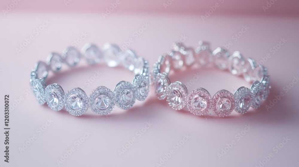 Silver bracelets with crystal accents resting on a pale pink and gray gradient background Silver bracelets with crystal accents resting on a pale pink and gray gradient background
