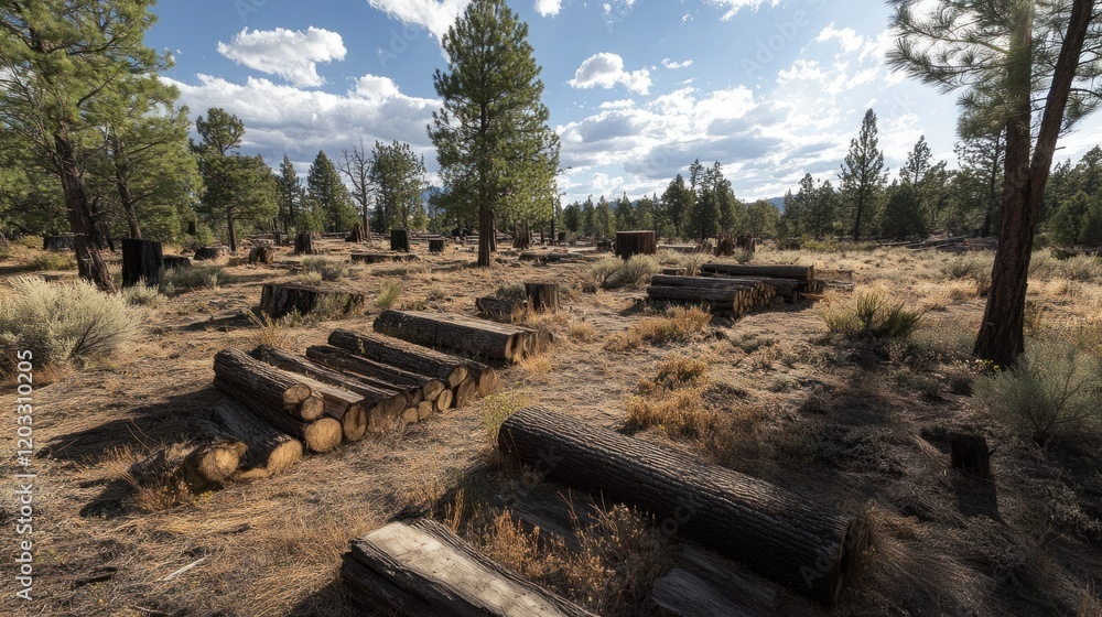 An abandoned logging site featuring stacks of freshly cut wood, surrounded by sparse vegetation and tree stumps An abandoned logging site featuring stacks of freshly cut wood, surrounded by sparse vegetation and tree stumps
