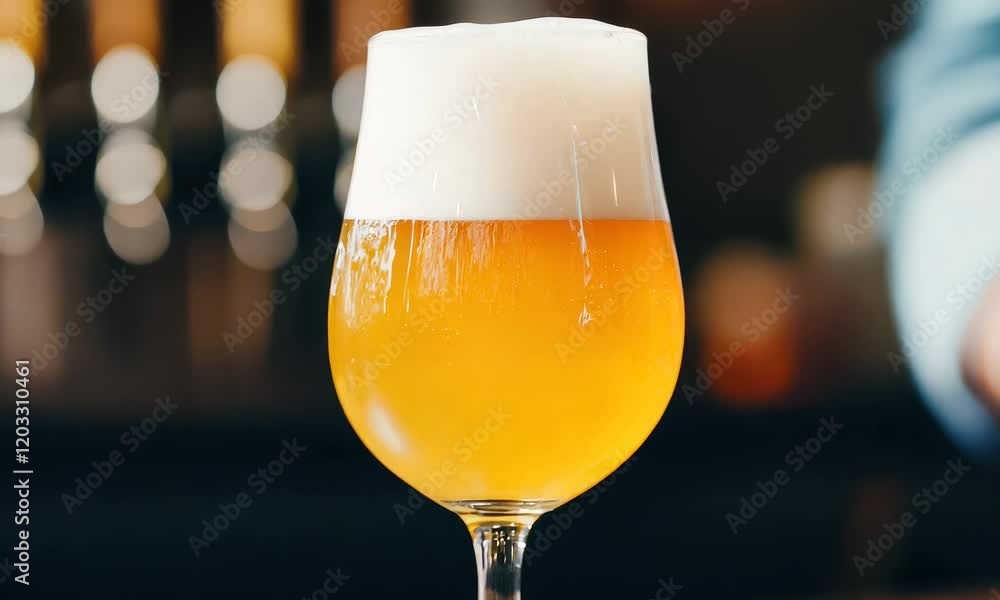 A frosty glass of golden beer with a creamy foam, resting on a wooden bar, with blurred backgrounds creating a cozy ambiance. A frosty glass of golden beer with a creamy foam, resting on a wooden bar, with blurred backgrounds creating a cozy ambiance.