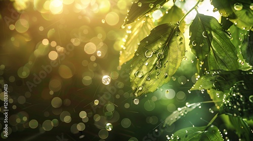 Leaves with natural light bubbles and bokeh, photorealistic and minimal style