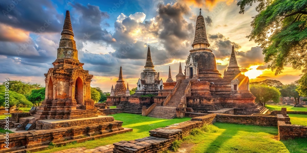Fototapeta premium Ancient Wat Mahathat, Ayutthaya. Historical Thai temple. Stunning AI photo.