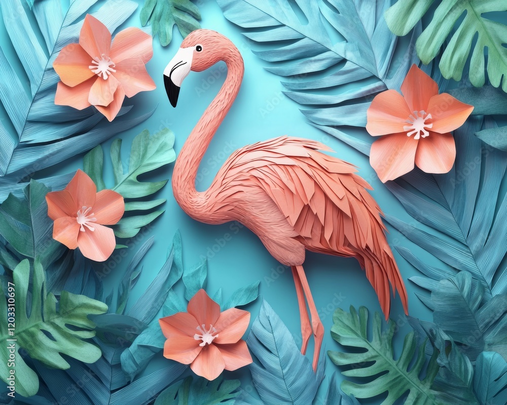Fototapeta premium A vibrant paper flamingo amid colorful blooms.