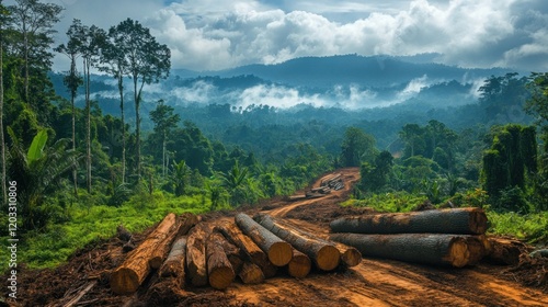 An aerial view of a forest area with freshly cut logs scattered, highlighting the issue of illegal logging and environmental degradation