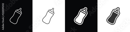 Feeding bottle icon in flat and line style. Baby milk bottle vector illustration in black, white and transparent background. Eps10