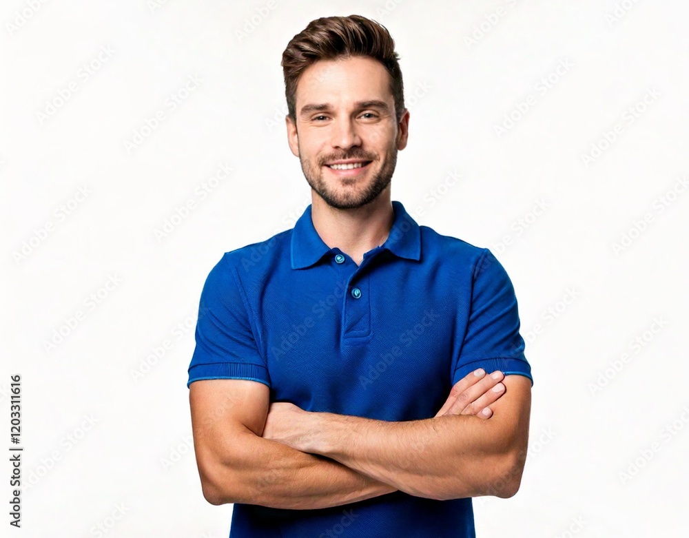 Portrait of young european man standing in blue polo shirt with crossed arms, smiling and looking at camera, isolated on white background Portrait of young european man standing in blue polo shirt with crossed arms, smiling and looking at camera, isolated on white background