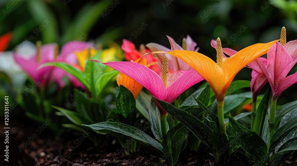 Obraz premium Vibrant Anthurium flowers in a lush greenhouse. Botanical garden display. Nature photography for websites