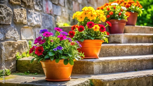 Colorful Flowers Stone Stairway Springtime photo