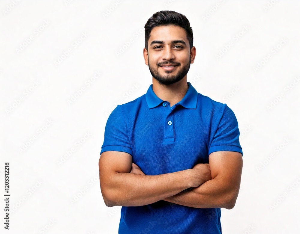 Portrait of young european man standing in blue polo shirt with crossed arms, smiling and looking at camera, isolated on white background Portrait of young european man standing in blue polo shirt with crossed arms, smiling and looking at camera, isolated on white background
