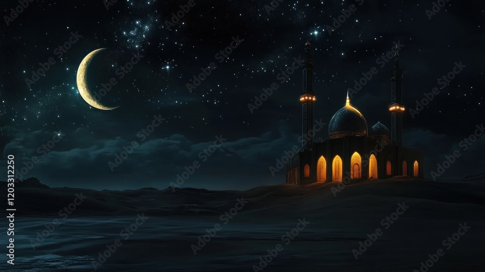 Naklejka premium An artistic Islamic design with a glowing mosque at night, twinkling stars, and a crescent moon, leaving room for Ramadan wishes or text