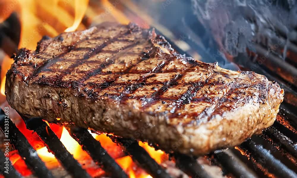 A perfectly grilled steak on a barbecue, stunning char marks and smoke, highlighting deliciousness and culinary craftsmanship. A perfectly grilled steak on a barbecue, stunning char marks and smoke, highlighting deliciousness and culinary craftsmanship.