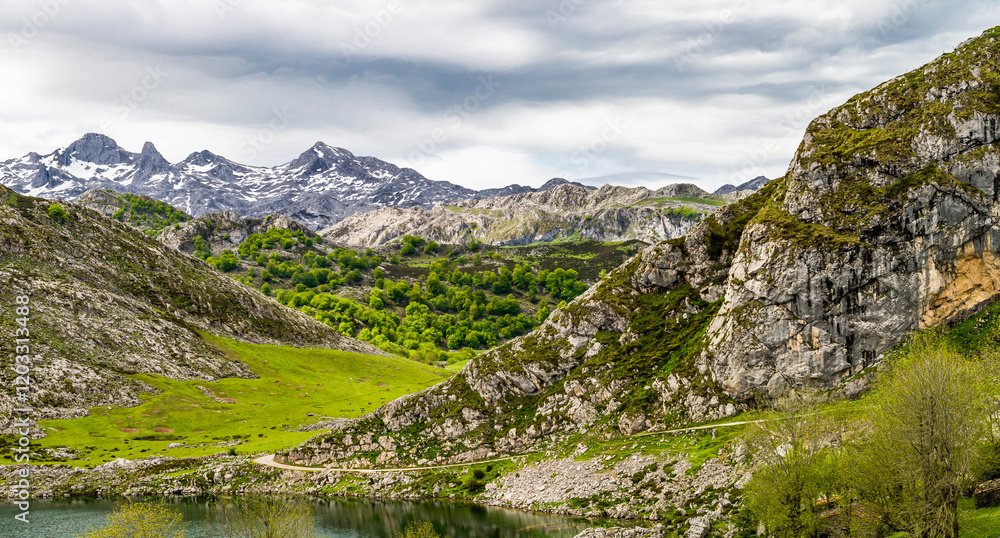 Route to Covadonga, Lakes, Mountains, Cangas de Onis, Asturias, Picos de Europa, Spain Route to Covadonga, Lakes, Mountains, Cangas de Onis, Asturias, Picos de Europa, Spain