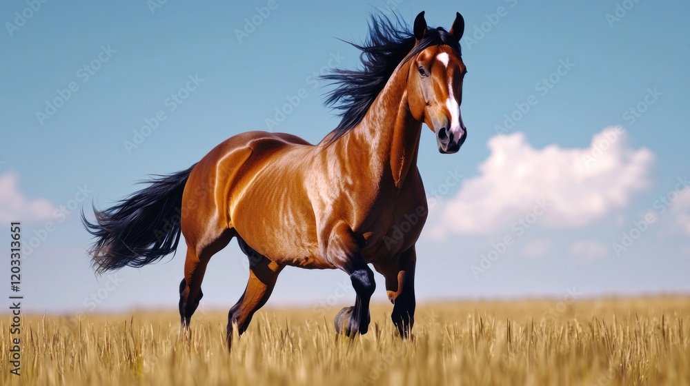 Brown horse running in a wheat field Brown horse running in a wheat field