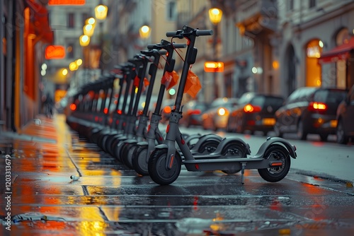 Electric Scooters Lined Up on a Rainy City Street Promoting Eco-Friendly Urban Commuting photo