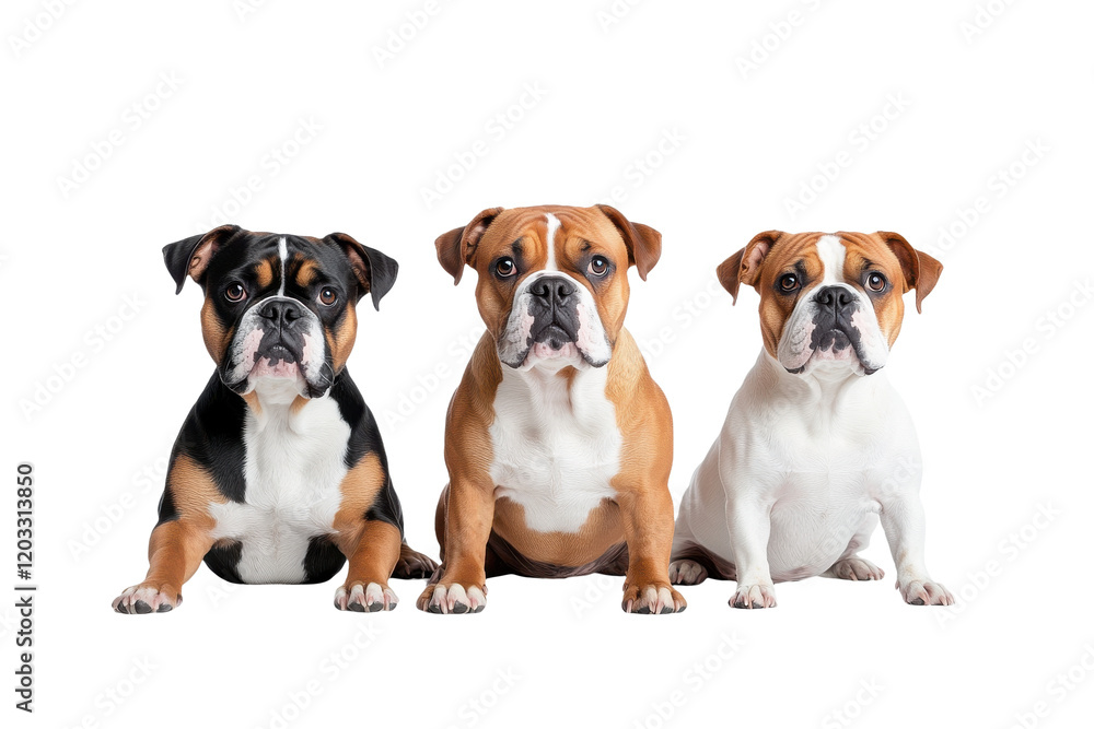 Fototapeta premium Three French Bulldog Puppies Sitting Together Isolated on transparent Background, PNG file 