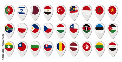 各国の地図ピンアイコンセット 国旗 ベクターイラスト