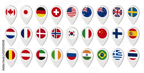 各国の地図ピンアイコンセット 国旗 ベクターイラスト