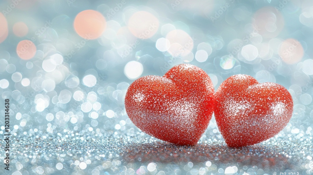 Obraz premium Two glitter hearts on sparkling surface with bokeh background (2)