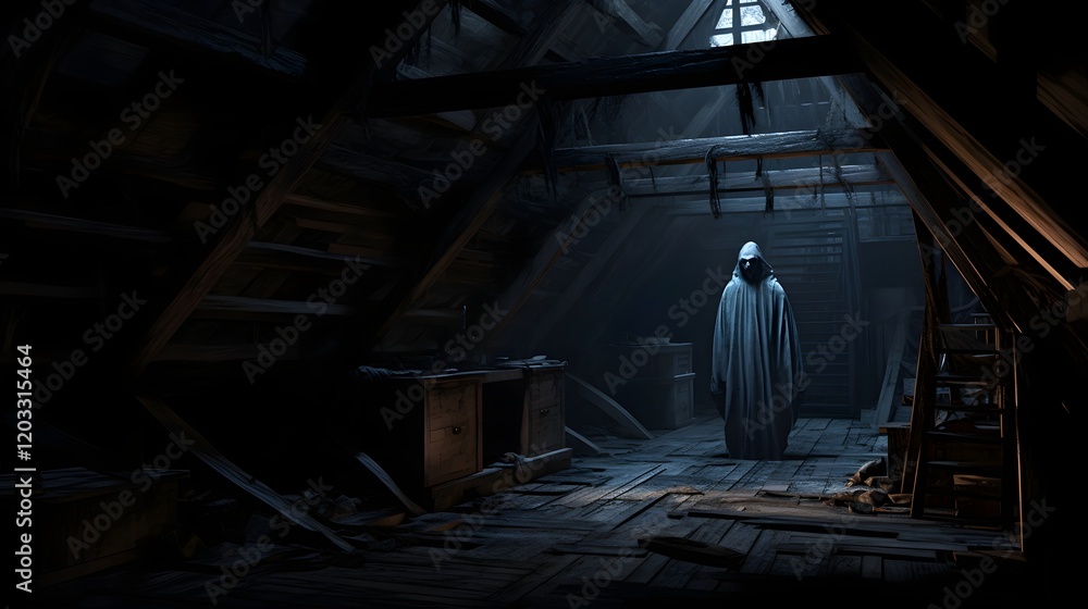 Haunted and Abandoned Attic with a Ghostly Silhouette Lurking Ominously in the Shadows Creating an Atmosphere of Suspense and Supernatural Fear Haunted and Abandoned Attic with a Ghostly Silhouette Lurking Ominously in the Shadows Creating an Atmosphere of Suspense and Supernatural Fear