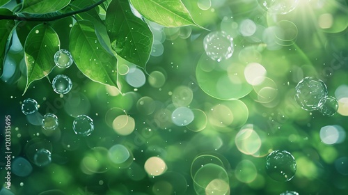 Sparkling bokeh and light bubbles on green leaves, photorealistic and minimal style