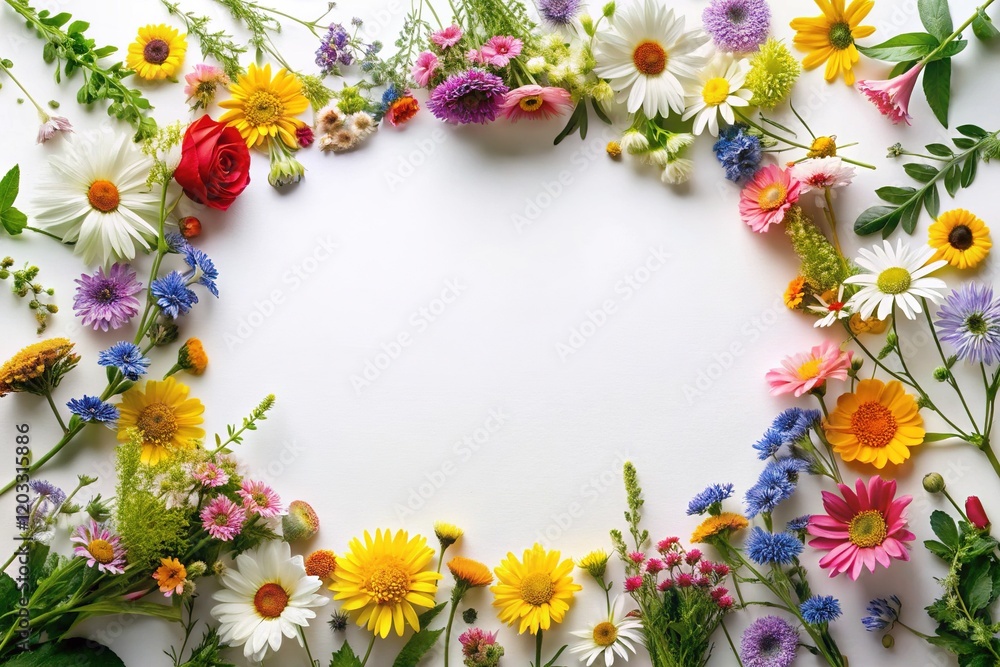 Fototapeta premium Minimalist Wildflower Wreath Frame - White Background - AI Art