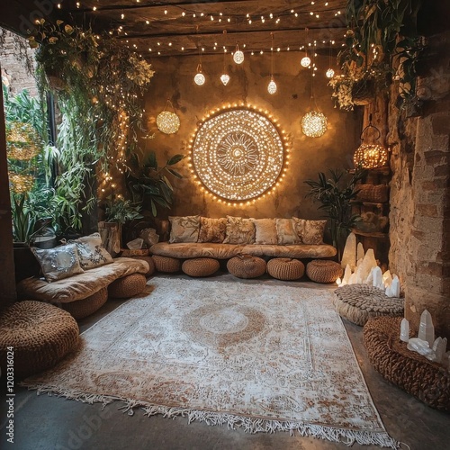 Healing space with ambient lighting and crystals cozy interior close-up perspective holistic environment