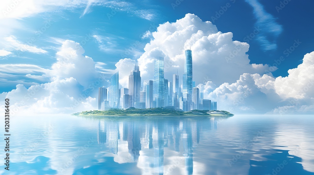 Fototapeta premium Modern City Skyline on a Serene Island Paradise