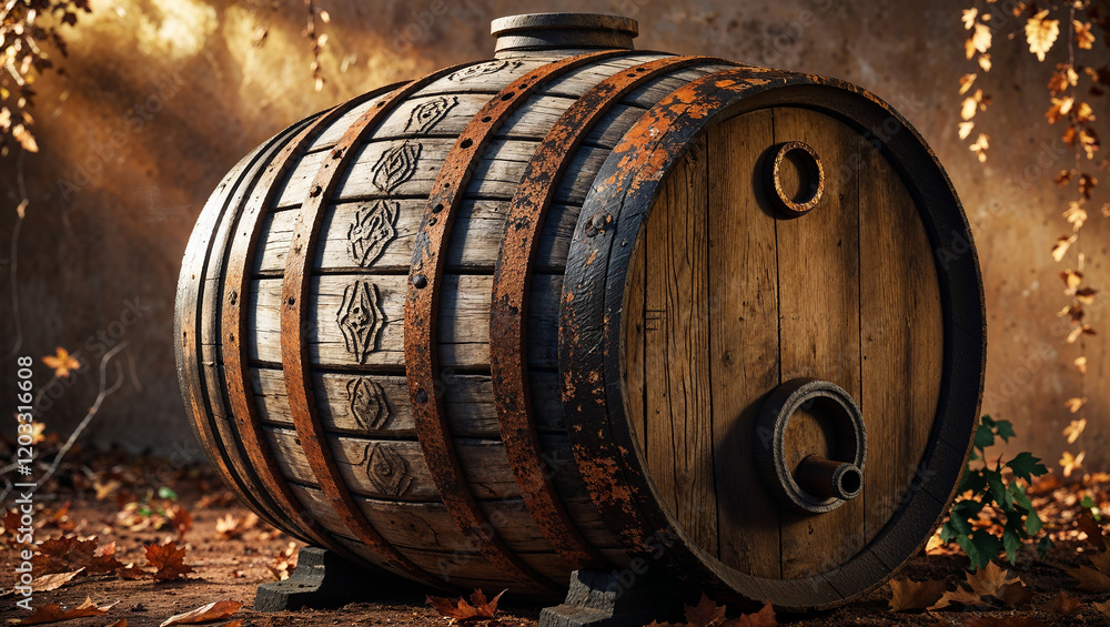Old wooden barrel resting on autumn leaves in warm light Old wooden barrel resting on autumn leaves in warm light