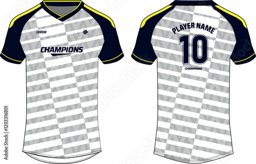 Sports jersey t shirt and shorts kit design flat sketch illustration, Stripe pattern V neck raglan sleeve Football jersey kit concept with front and back view for Soccer, Cricket, Volleyball uniform