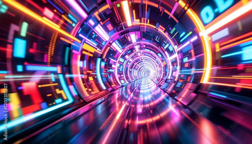 Abstract Digital Tunnel of Vibrant Neon Lights: A Psychedelic Journey Through a Futuristic Cyberspace Abstract Digital Tunnel of Vibrant Neon Lights: A Psychedelic Journey Through a Futuristic Cyberspace