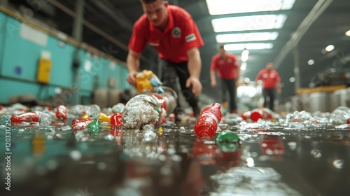 Wallpaper Mural Workers sorting plastic bottles in recycling plant.  Industrial waste processing Torontodigital.ca