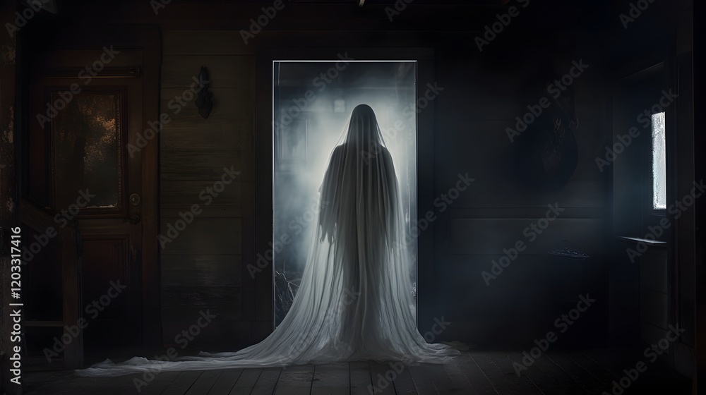 A ghostly ethereal woman stands in the doorway of an old dilapidated and haunting abandoned house creating an eerie supernatural atmosphere full of mystery and intrigue A ghostly ethereal woman stands in the doorway of an old dilapidated and haunting abandoned house creating an eerie supernatural atmosphere full of mystery and intrigue
