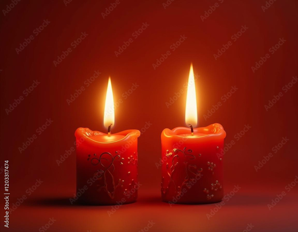 Romantic Red Candles Burning Brightly on Red Background Romantic Red Candles Burning Brightly on Red Background