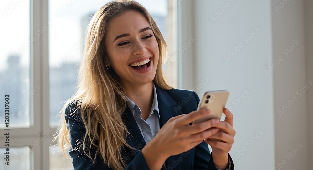 Businesswoman Smiling While Looking at Her Phone Professional Portrait Generative AI Businesswoman Smiling While Looking at Her Phone Professional Portrait Generative AI