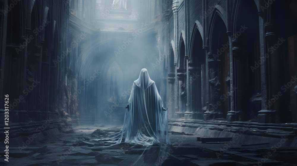 Haunting image of a chilling ghostly apparition floating through the ruins of an ancient crumbling medieval cathedral shrouded in an eerie mist and atmospheric shadows This paranormal Haunting image of a chilling ghostly apparition floating through the ruins of an ancient crumbling medieval cathedral shrouded in an eerie mist and atmospheric shadows This paranormal