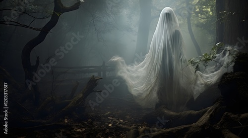 Ghostly figure of a spirit or apparition hovers solemnly over a forgotten and overgrown gravesite set against the backdrop of a dense gloomy forest landscape  The haunting