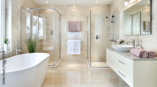 Wallpaper Mural Luxurious modern bathroom with bathtub and shower, natural light, beige tiles, real estate listing Torontodigital.ca