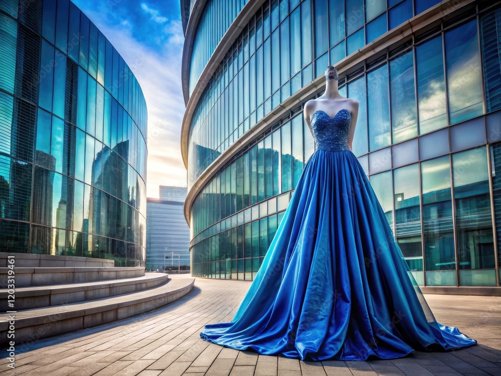 Naklejka premium Festive architectural setting frames a stylish blue-grey dress in a captivating front view.