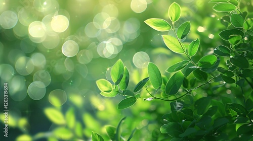 Bokeh and light reflections on green leaves, photorealistic and minimal style