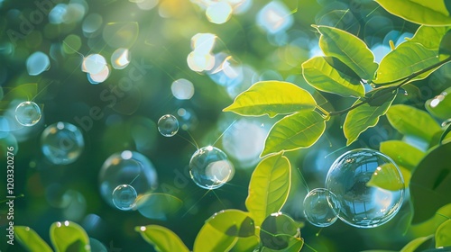 Natural light bubbles and bokeh on foliage, photorealistic and minimal style