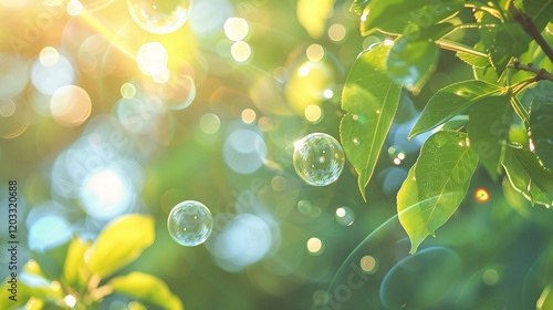 Soft light bubbles and bokeh on leaves, photorealistic and minimal style