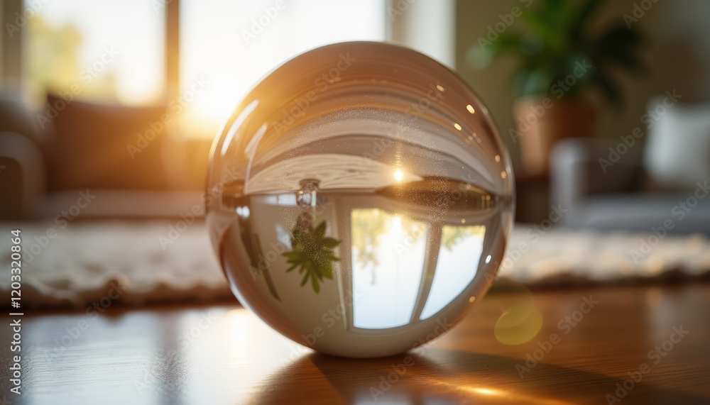 Illuminated crystal sphere reflecting sunlight and greenery in a cozy living room setting at sunset
