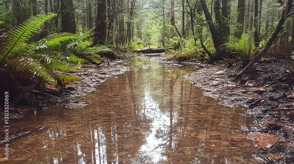 Fototapeta premium Forest Stream Reflecting Trees and Ferns