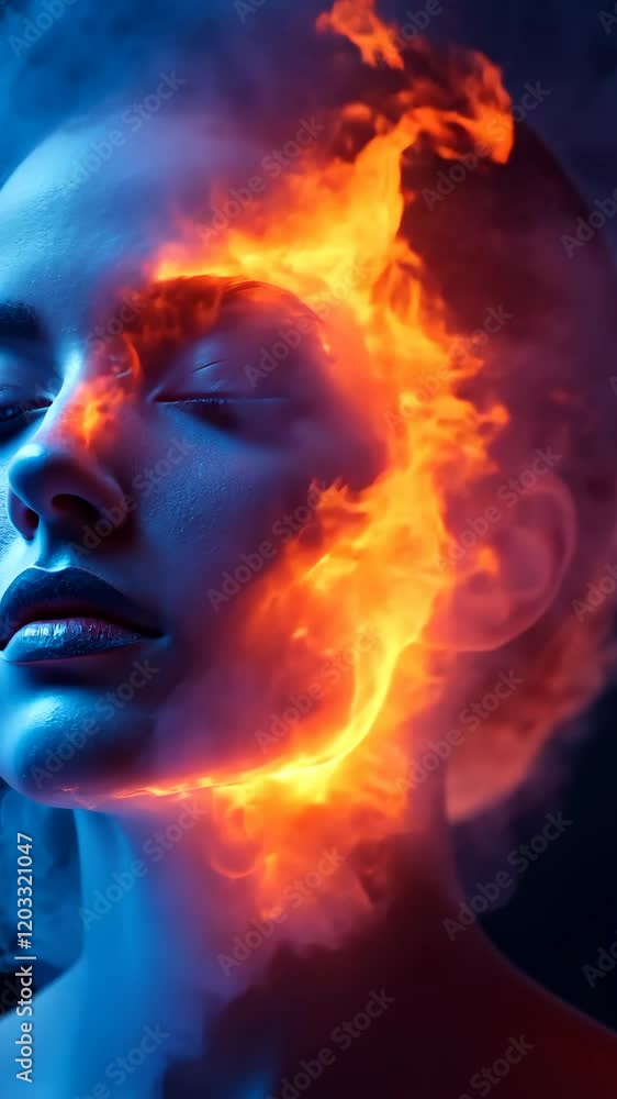 Woman with fiery facial effects in artistic portrait photography Woman with fiery facial effects in artistic portrait photography