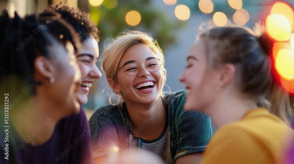 photo of a diverse group of friends, each representing different ethnicities and gender identities, laughing while seated photo of a diverse group of friends, each representing different ethnicities and gender identities, laughing while seated