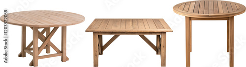 Three teak wood outdoor tables isolated on transparent background, a round extending table, a square table, and a small round side table. Perfect for garden, patio or terrace. 