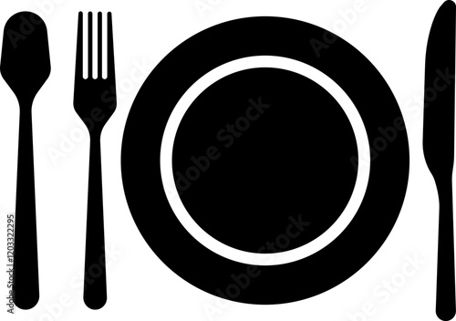 Cutlery plate icon Place Setting Paper Plate, Plastic Fork, Spoon, Knife black line and flat vector  isolated on transparent background. Utensils meal crockery symbol for food and app
