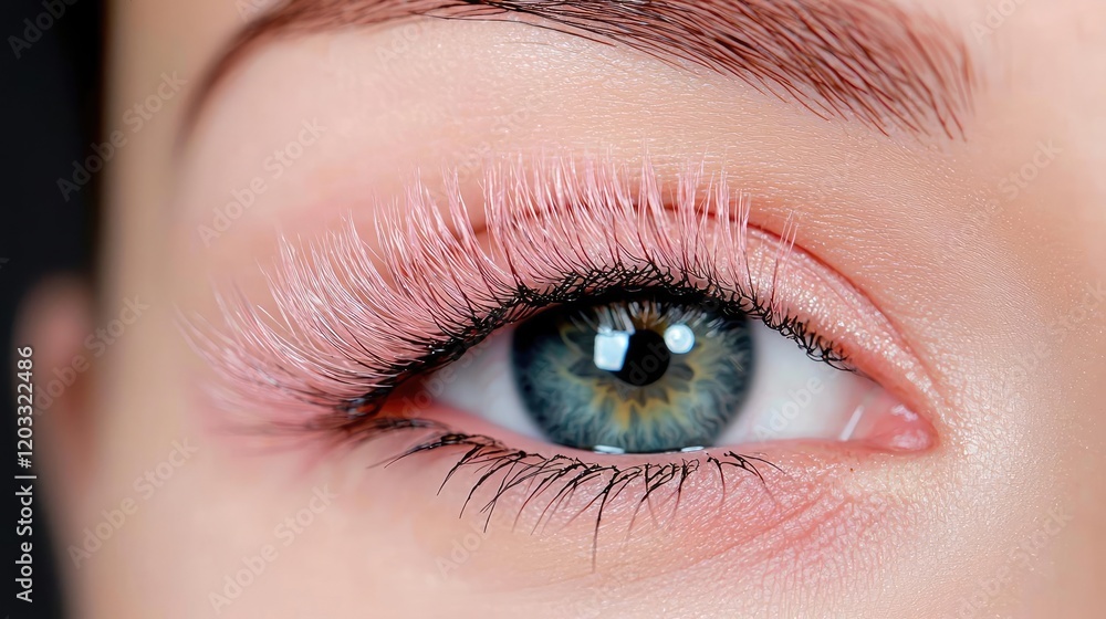 Obraz premium Close-up of eye with pink eyelash extensions. Beauty, makeup, cosmetic procedure