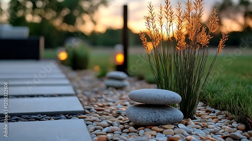 Tranquil Garden Pathway at Sunset A Serene Scene of Nature's Beauty. photo