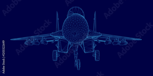 Computer generated image of a jet plane is displayed on a blue background. The image is not a photograph, but rather a digital rendering of the plane. The plane is depicted in a stylized