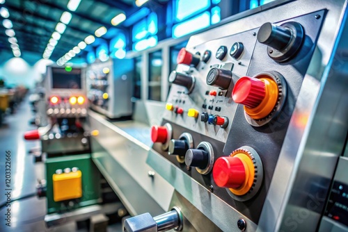 Industrial CNC lathe:  Red emergency stop button assures safe manufacturing processes.